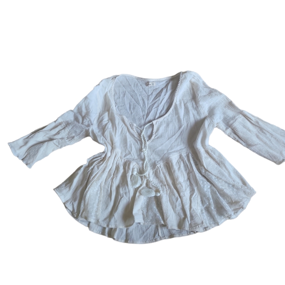 Hollister Womens Off White Beige Flowy Top With Tassles Size Ml